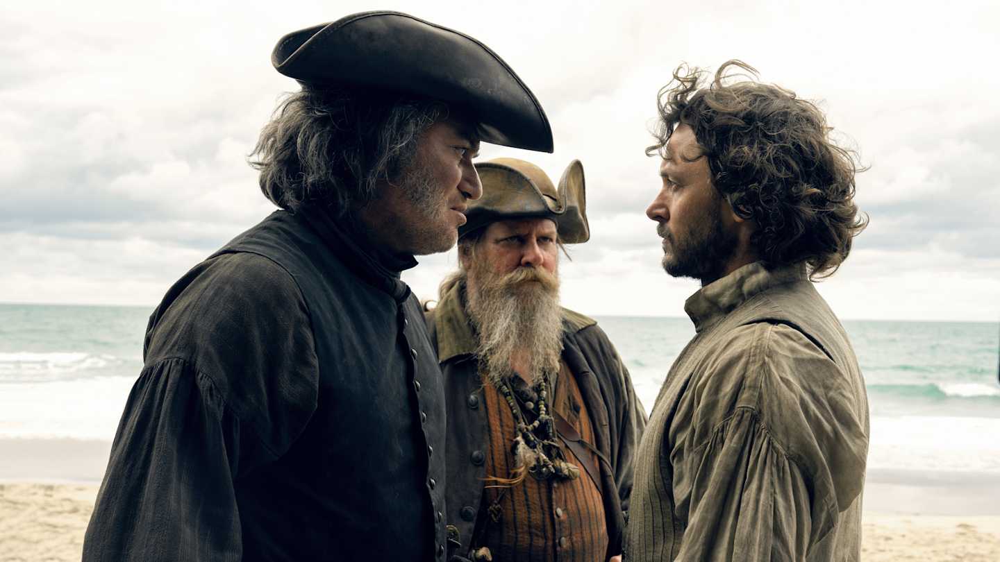 Chief of War cast image: Jason Hood, Charlie Brumbly and Benjamin Hoetjes