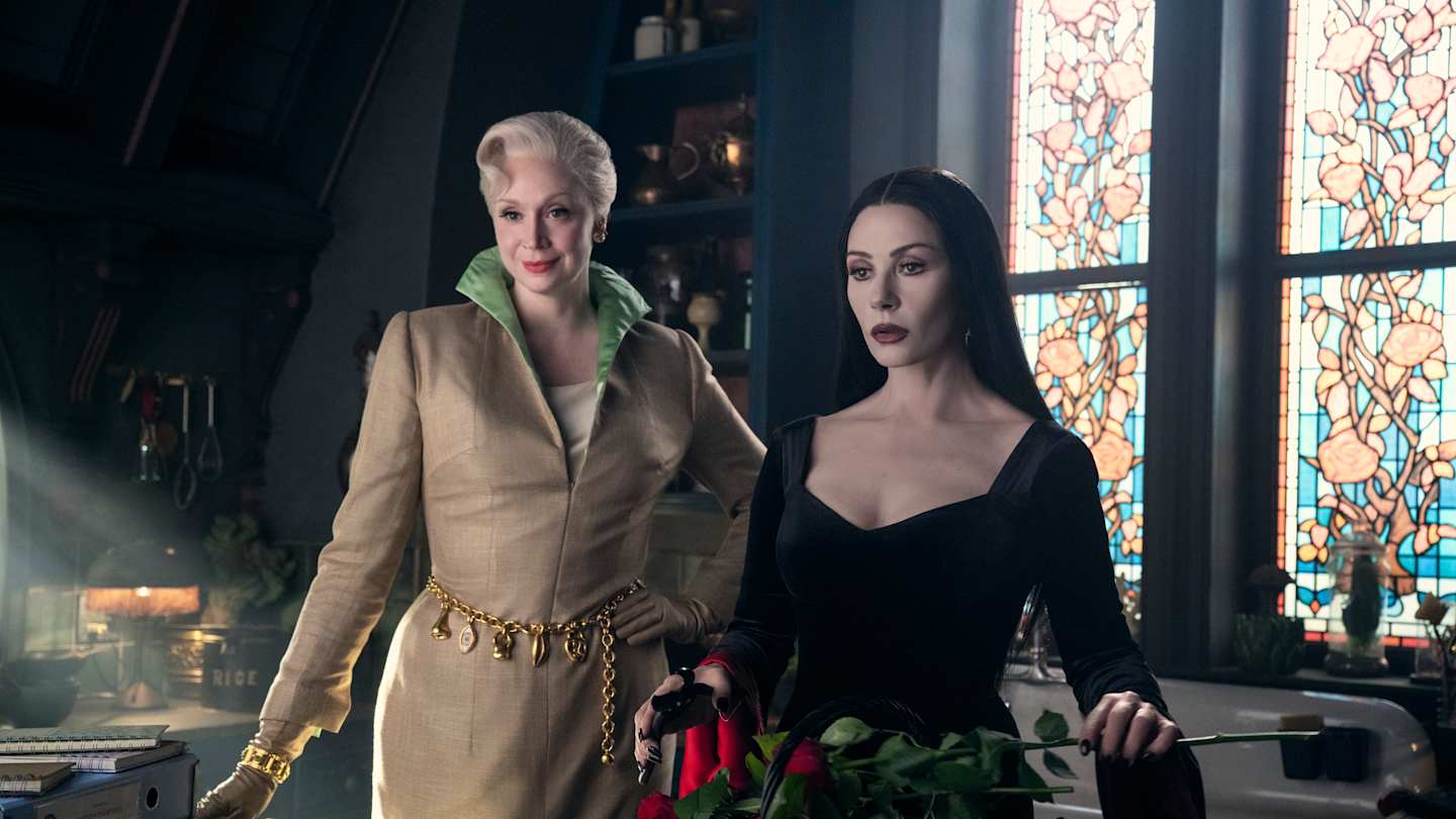 Gwendoline Christie as Principal Weems, Catherine Zeta-Jones as Morticia Addams in episode 205 of Wednesday